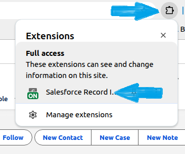 Salesforce Record Indicator popup showing available fields for the current record.